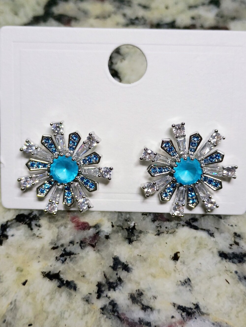 New Silver Tone Blue Sunburst Crystal Stud Earrings
